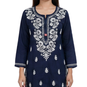 Navy Blue Lucknowi Chikankari Cotton Kurti for Women