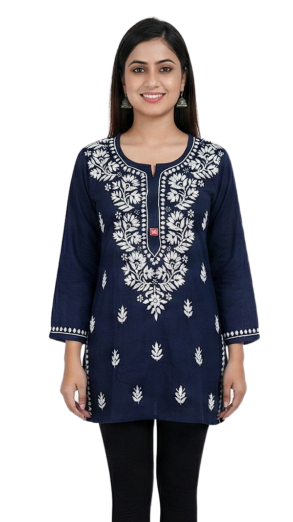 Navy Blue Lucknowi Chikankari Cotton Kurti for Women Navy Blue Lucknowi Chikankari Cotton Kurti for Women