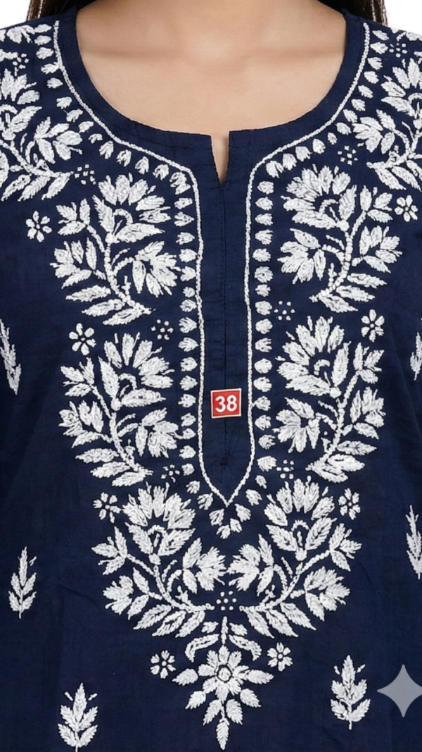 Navy Blue Lucknowi Chikankari Cotton Kurti for Women Navy Blue Lucknowi Chikankari Cotton Kurti for Women