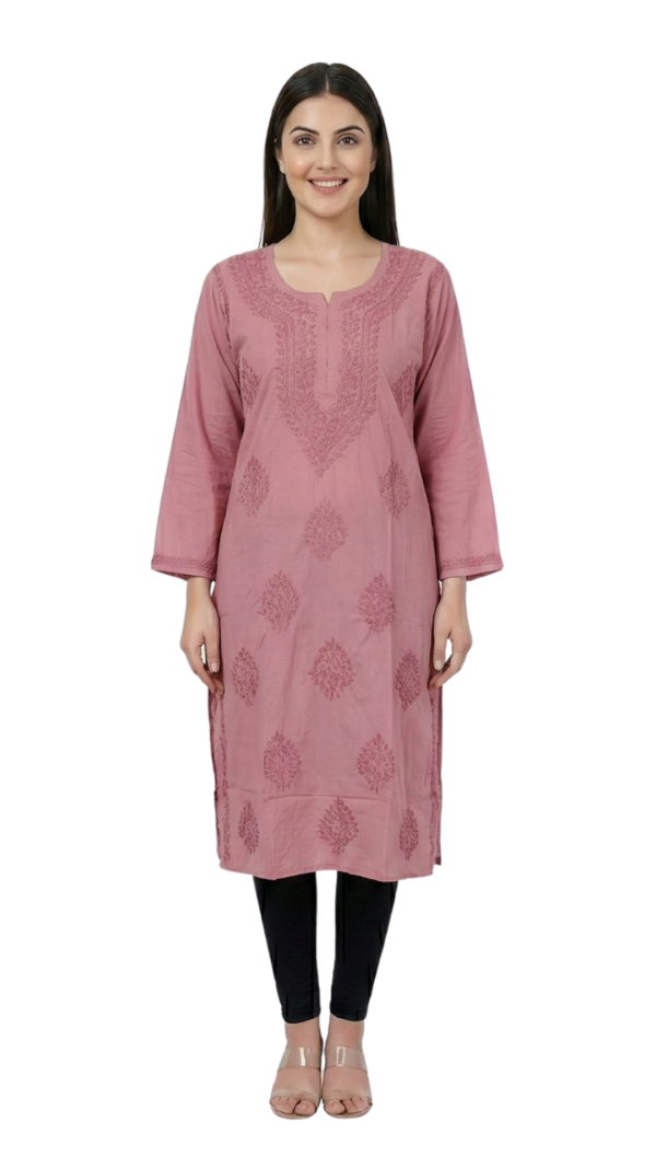 Buy Rose Lucknowi Chikankari Cotton Kurti for Women Buy Rose Lucknowi Chikankari Cotton Kurti for Women