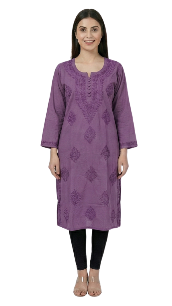 Buy Lavender Lucknowi Chikankari Cotton Kurti for Women Buy Lavender Lucknowi Chikankari Cotton Kurti for Women
