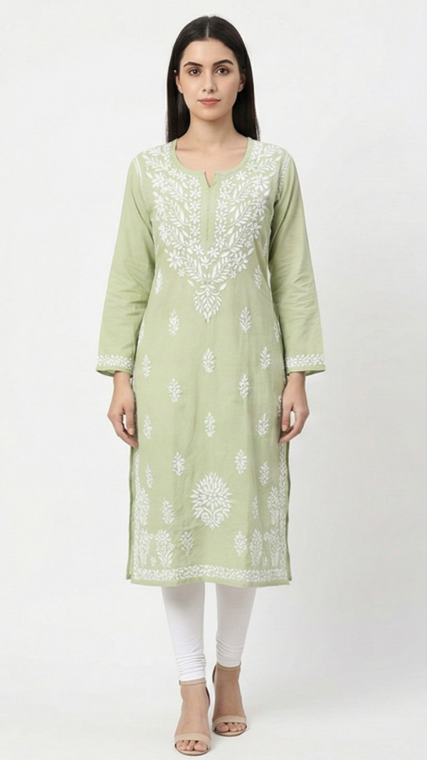 Buy Pista Lucknowi Chikankari Cotton Kurti for Women