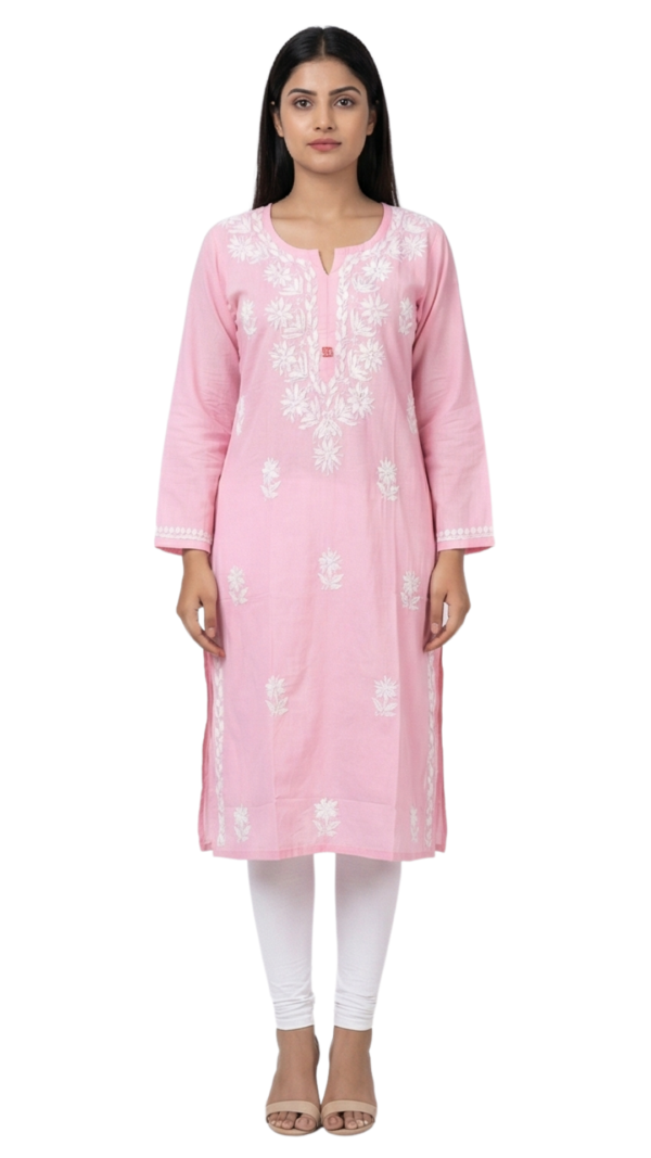 Buy Baby Pink Lucknowi Chikankari Cotton Kurti for Women