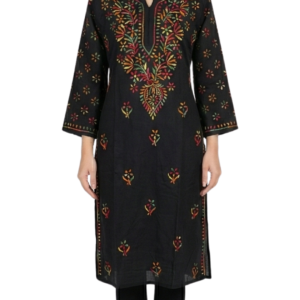 Black Multicolor Embroidered Cotton Kurti