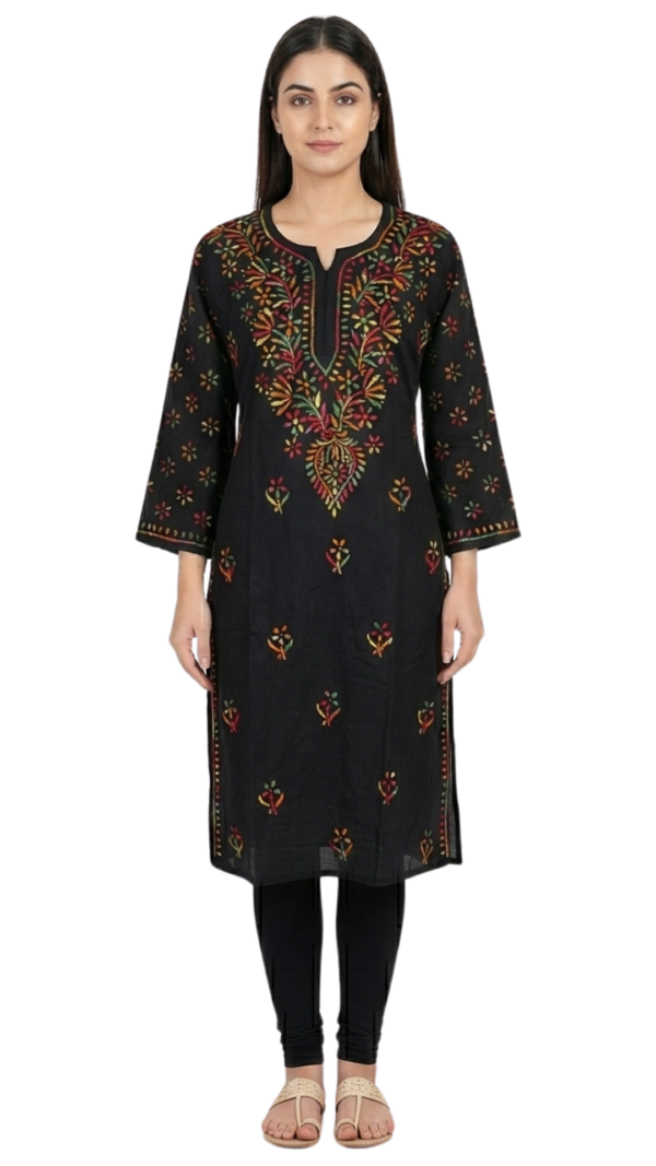 Black Multicolor Embroidered Cotton Kurti