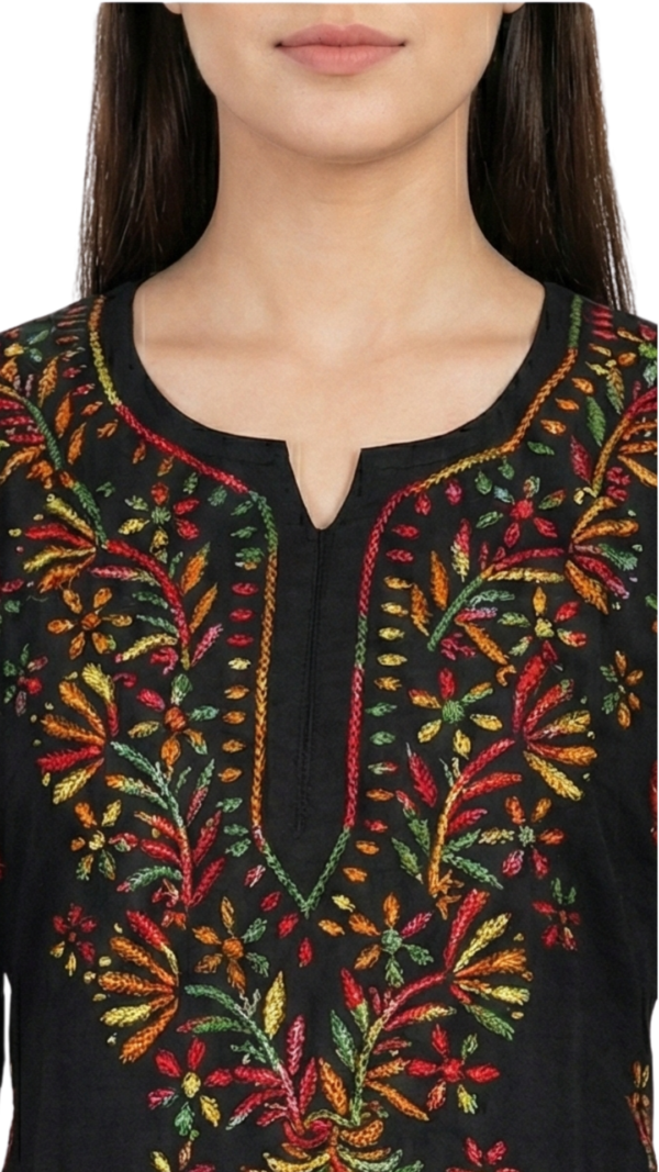 Black Multicolor Embroidered Cotton Kurti
