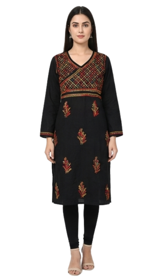 Buy Black Lucknowi Chikankari Cotton Kurti for Women Buy Black Lucknowi Chikankari Cotton Kurti for Women