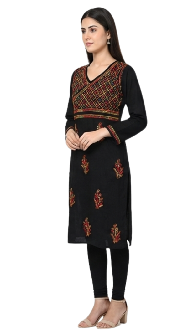 80 Black Multicolor Embroidered Check Cotton Kurti